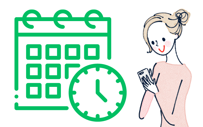 カレンダーと時計と電話をかける女性